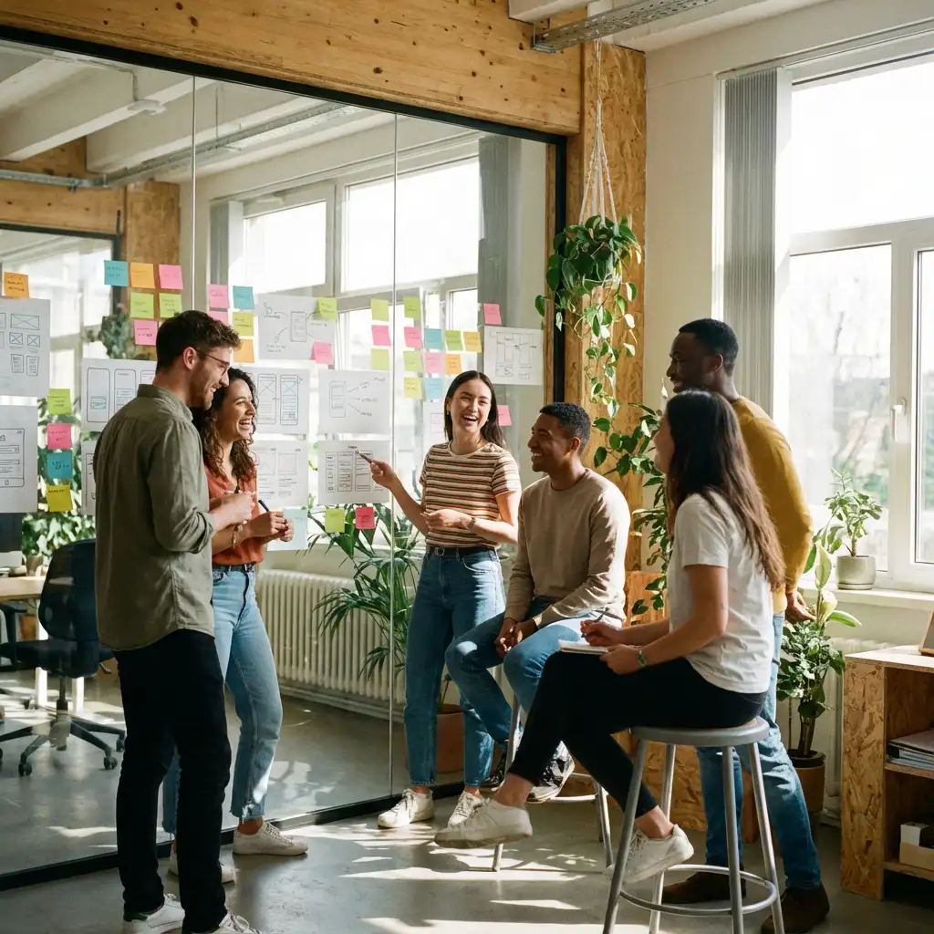 Diverse creative team working together in a modern studio